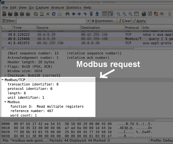 A modbus TCP query in wireshark