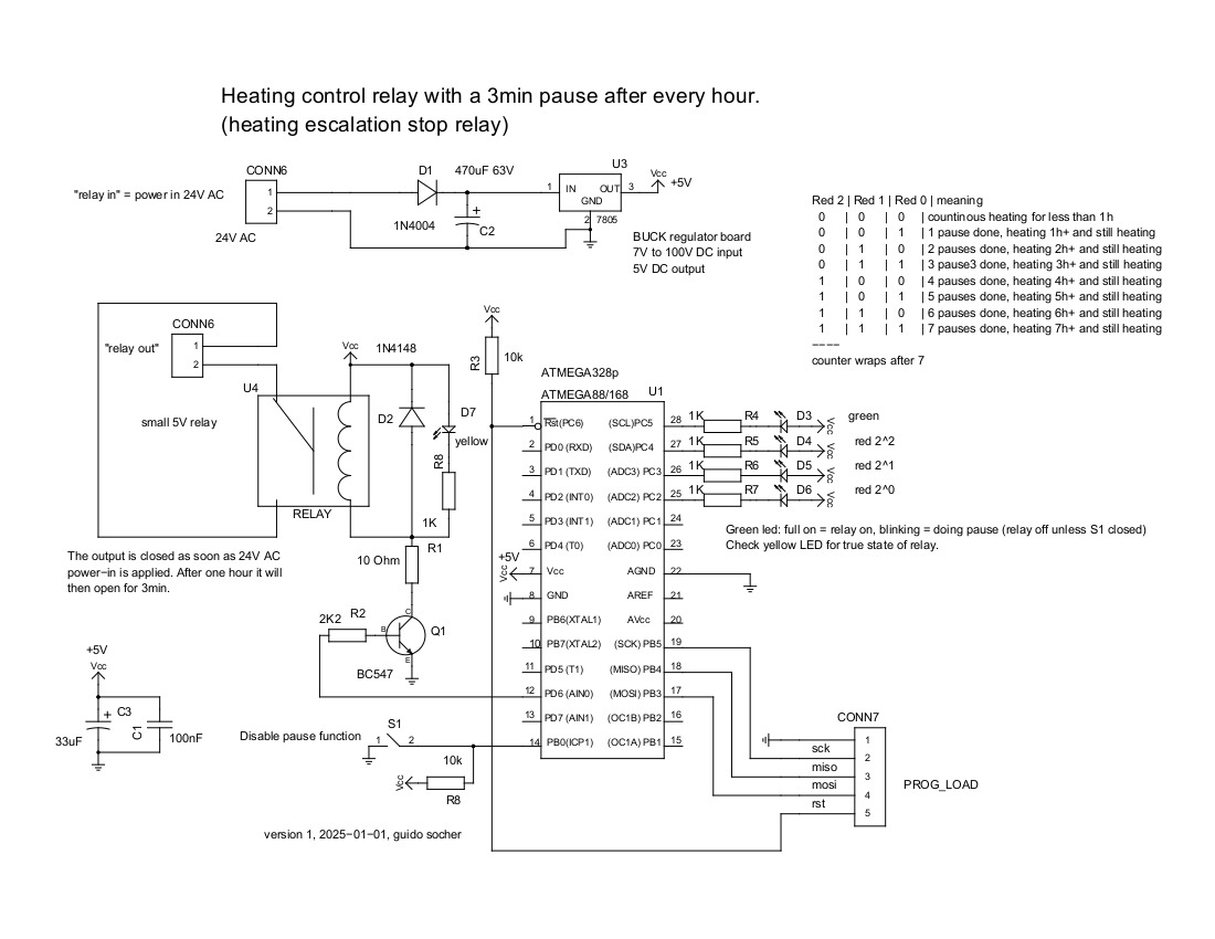 circuit diagram of the 24V AC relay with a pause feature (open for 3min every hour)