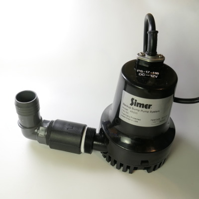 simer 12V sump pump with 90-deg 1-1/-inch hose adapter added