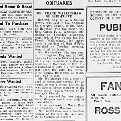 Obituaries, Sherbrooke Daily Record, Aug. 15. 1950, page 6